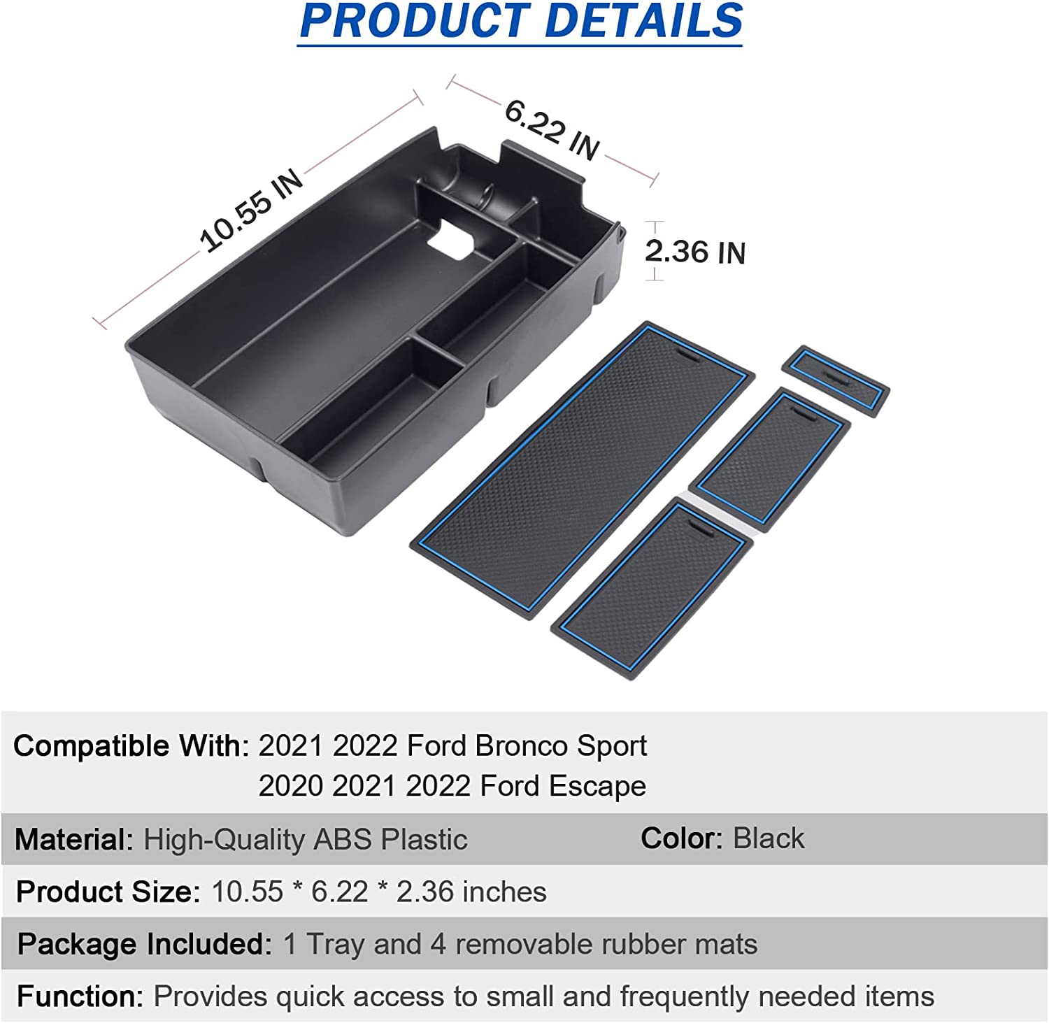 Center Console Organizer Compatible with Ford Escape 2020-2022 and Bronco Sport 2021 2022 Accessories, Long Compartment Armrest Box Storage Tray Coin Container - Delicate Leather