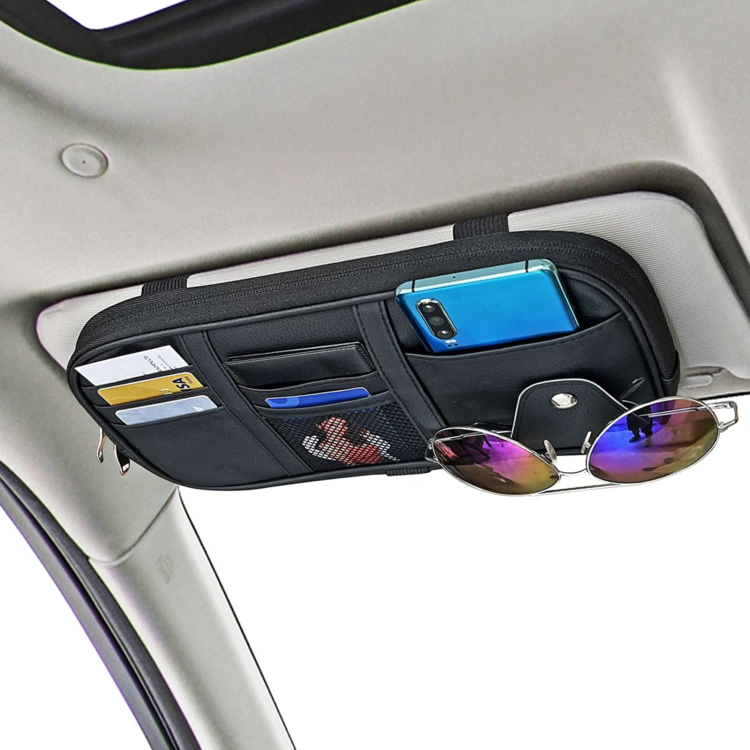 Car Sun Visor Organier Truck SUV Sun Visor Storage Pocket PU Leather Pouch Holder with Multi-Pocket Double Zipper Net Pocket, for Cards Pens Sunglasses Document Newest, Universal Fit for All Cars, Car Accessories - Delicate Leather
