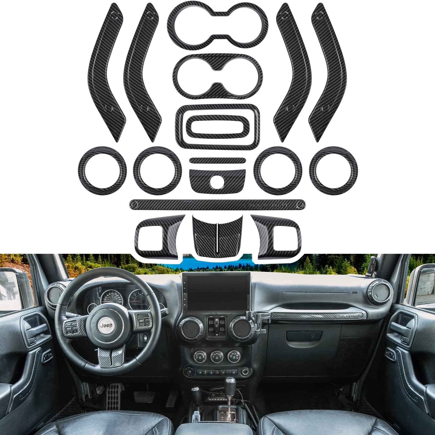 18 PCS Full Set Interior Decoration Trim Kit Steering Wheel Center Console Door Handle Air Conditioning Vent Cup Holder Gear Cover Trim Compatible with Wrangler JK JKU 2011-2018 4-Door