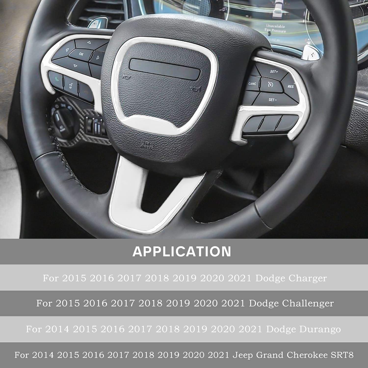 Steering Wheel Cover Trim Interior Accessories for 2015-2021 Dodge Challenger & Charger, for 2014-2021 Dodge Durango for Jeep Grand Cherokee SRT8 (white) - Delicate Leather