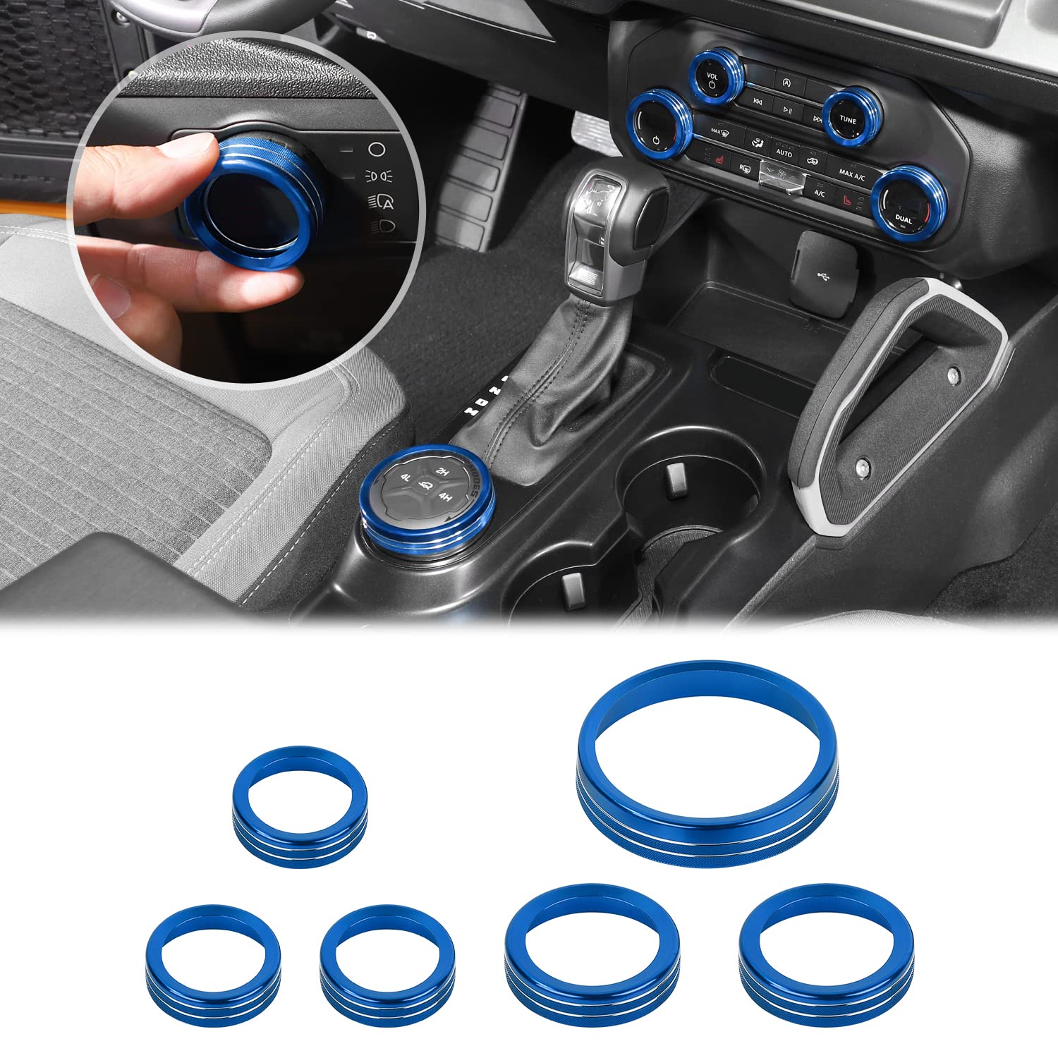 Air Conditioner Headlight Switch Knob 4WD Wheel Drive Trailer Gear Switch Knob Cover for 2021-2022 Ford Bronco Accessories Aluminum Alloy 6PCS（Don't fit Bronco Sport） - Delicate Leather