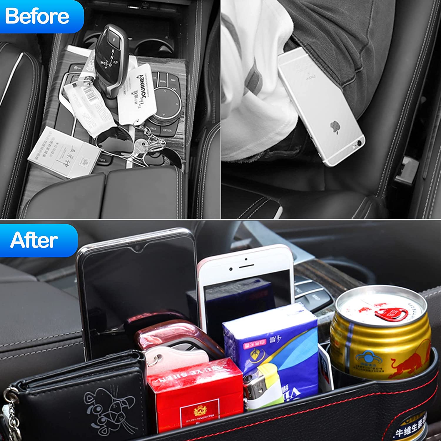 Car Seat Gap Filler, Custom For Cars, Console Side Pocket, Car Seat Pocket Organizer Catcher Caddy for CellPhones Wallet Coin with Cup Holder Beige