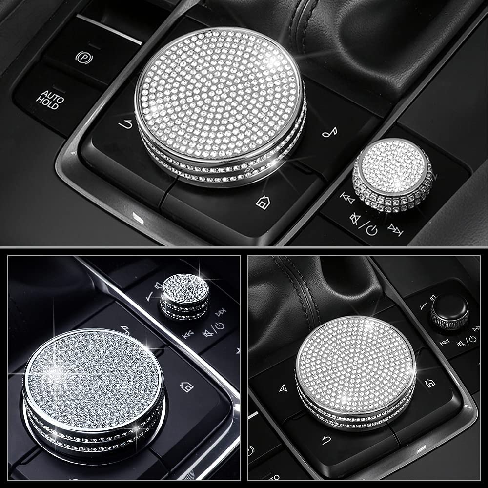 Mazda Bling Accessories 3 CX-30 CX30 Volume Media Multimedia Knobs Decals Stickers Covers Cap Car Interior Parts Decoration Men Women Zinc Alloy Rhinestone Silver 2 Pack - Delicate Leather