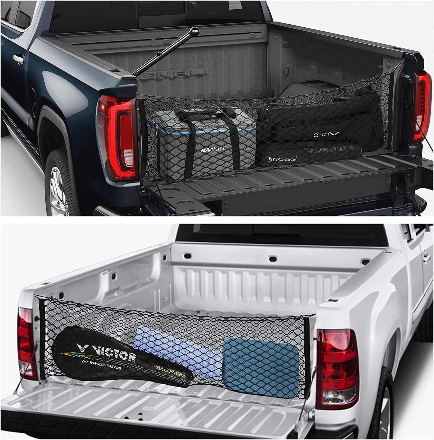 Pickup Truck Cargo Net, Envelope Style Trunk Organizers and Storage Net with 4 Metal Hooks, Fit for Silverado 2013-2022, GMC Sierra 2013-2022 and Ford F150 2015-2022 - Delicate Leather