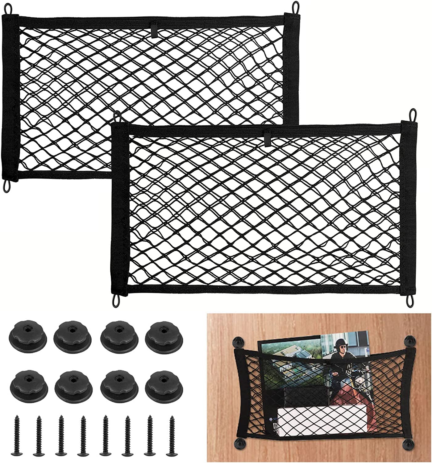 2 PCS Small Cargo Nets Camper Storage Pocket Mesh Net Elastic Stretchable Trunk Cargo Netting Compatible with SUV Cars RV Campers Boats Automotive - Delicate Leather