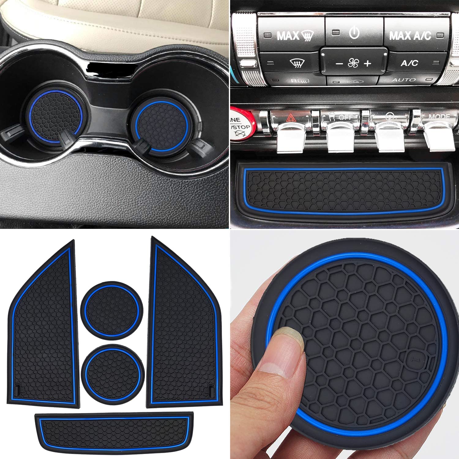 Anti Dust Mats Compatible with Ford Mustang Accessories 2015-2022, Custom Fits Cup Holder Liners Mats Door Pocket Center Console Liners - Delicate Leather