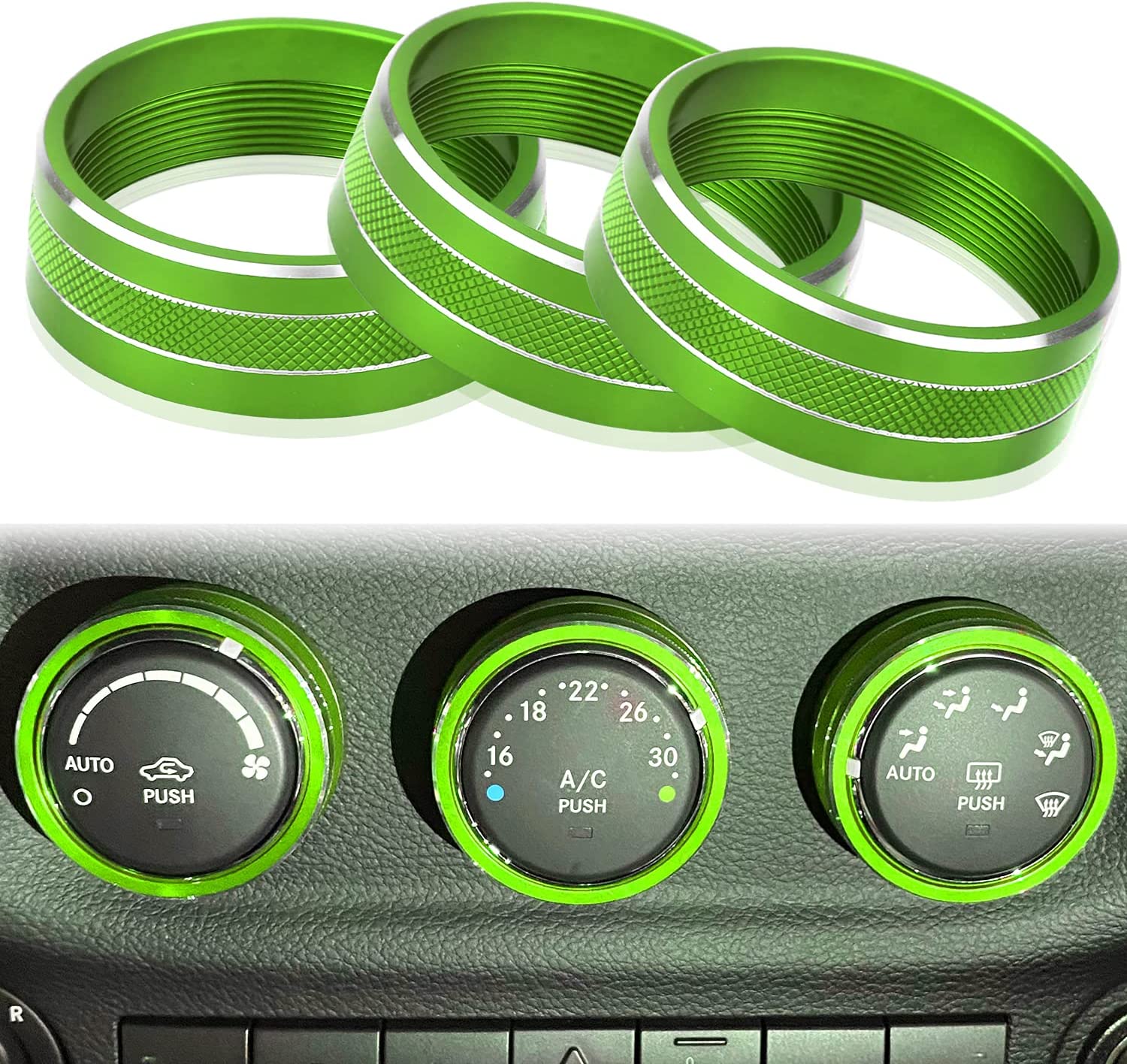 AC Climate Control Knob Ring Air Conditioner Switch Volume Cover Compatible with 2011-2018 Jeep Wrangler JK JKUDodge Challenger 2008-2014 Interior Conditioning Accessories Trim (Green) - Delicate Leather