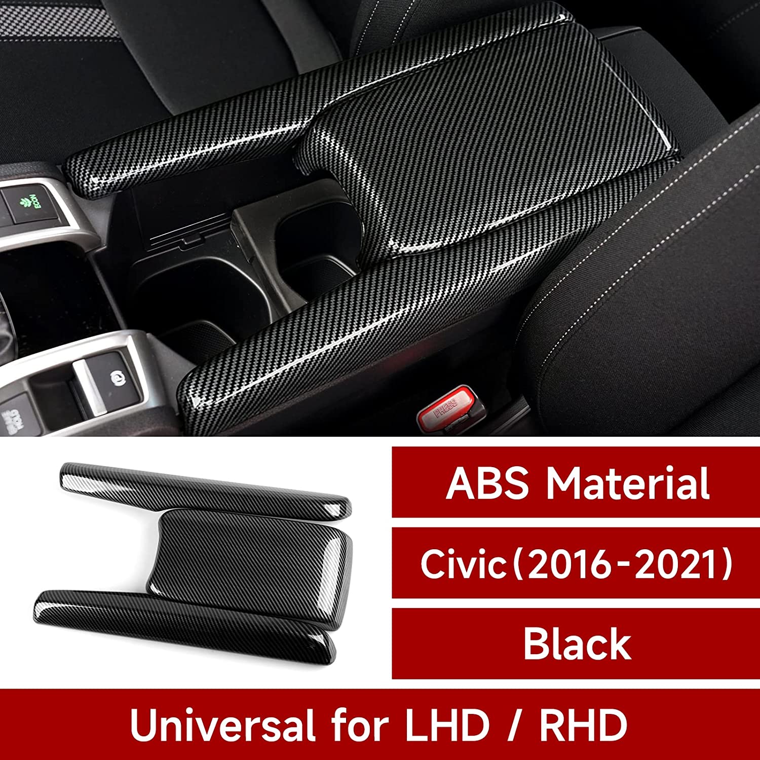 Armrest Storage Box Cover Compatible with 2016 2017 2018 2019 2020 2021 Honda Civic 10th Gen Accessories ABS Carbon Fiber Interior Stickers - Delicate Leather