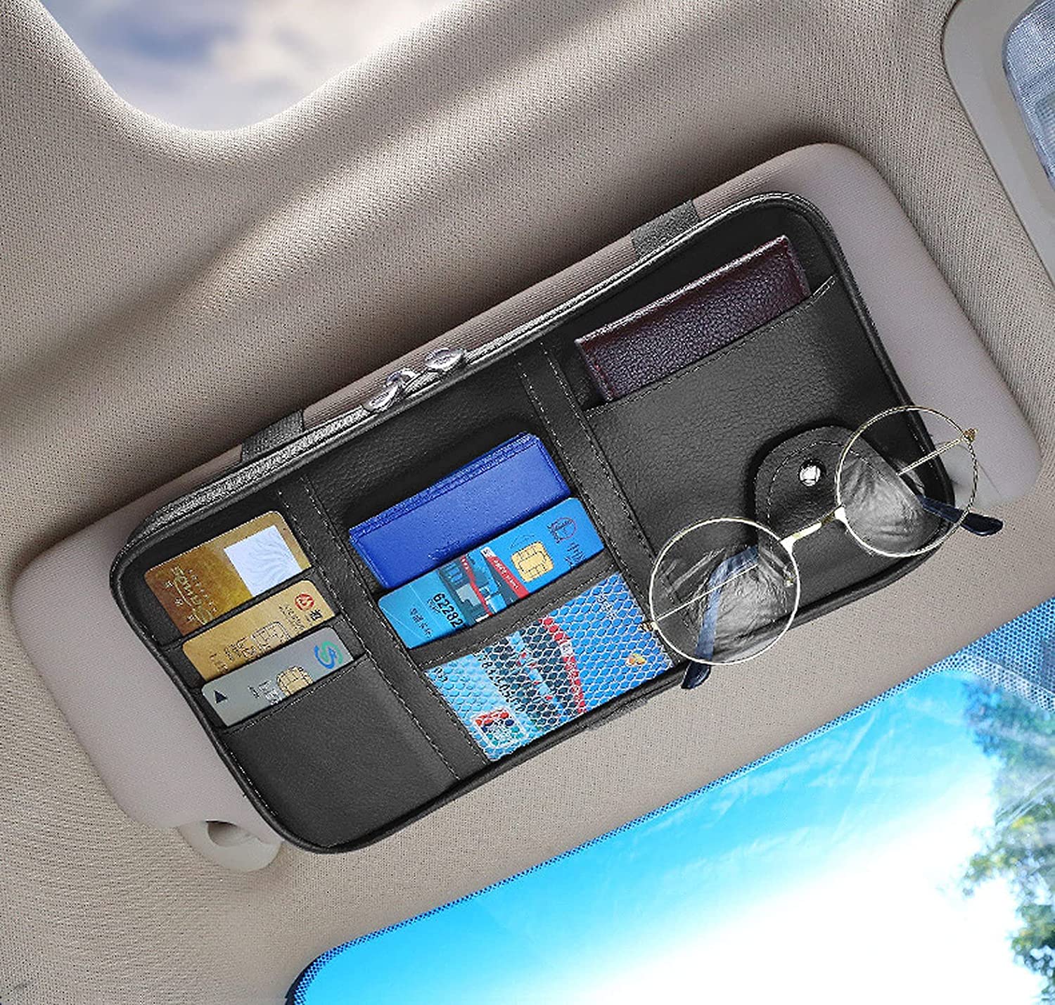 Car Sun Visor Organier Truck SUV Sun Visor Storage Pocket PU Leather Pouch Holder with Multi-Pocket Double Zipper Net Pocket, for Cards Pens Sunglasses Document Newest, Universal Fit for All Cars, Car Accessories - Delicate Leather