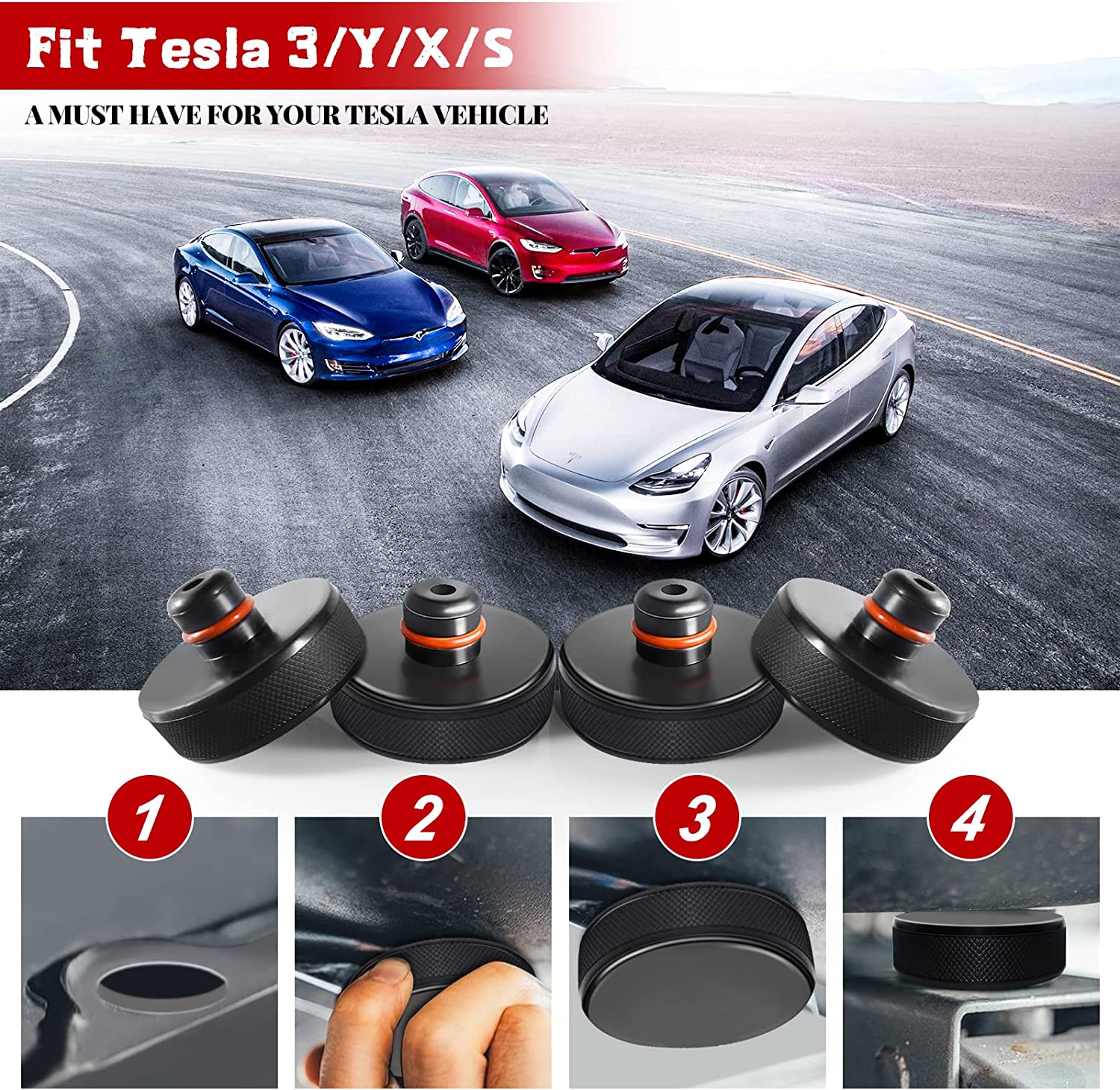 Lifting Jack Pad for Tesla Model 3/S/X/Y, 4 Pucks with a Storage Case, Accessories for Tesla Vehicles - Delicate Leather