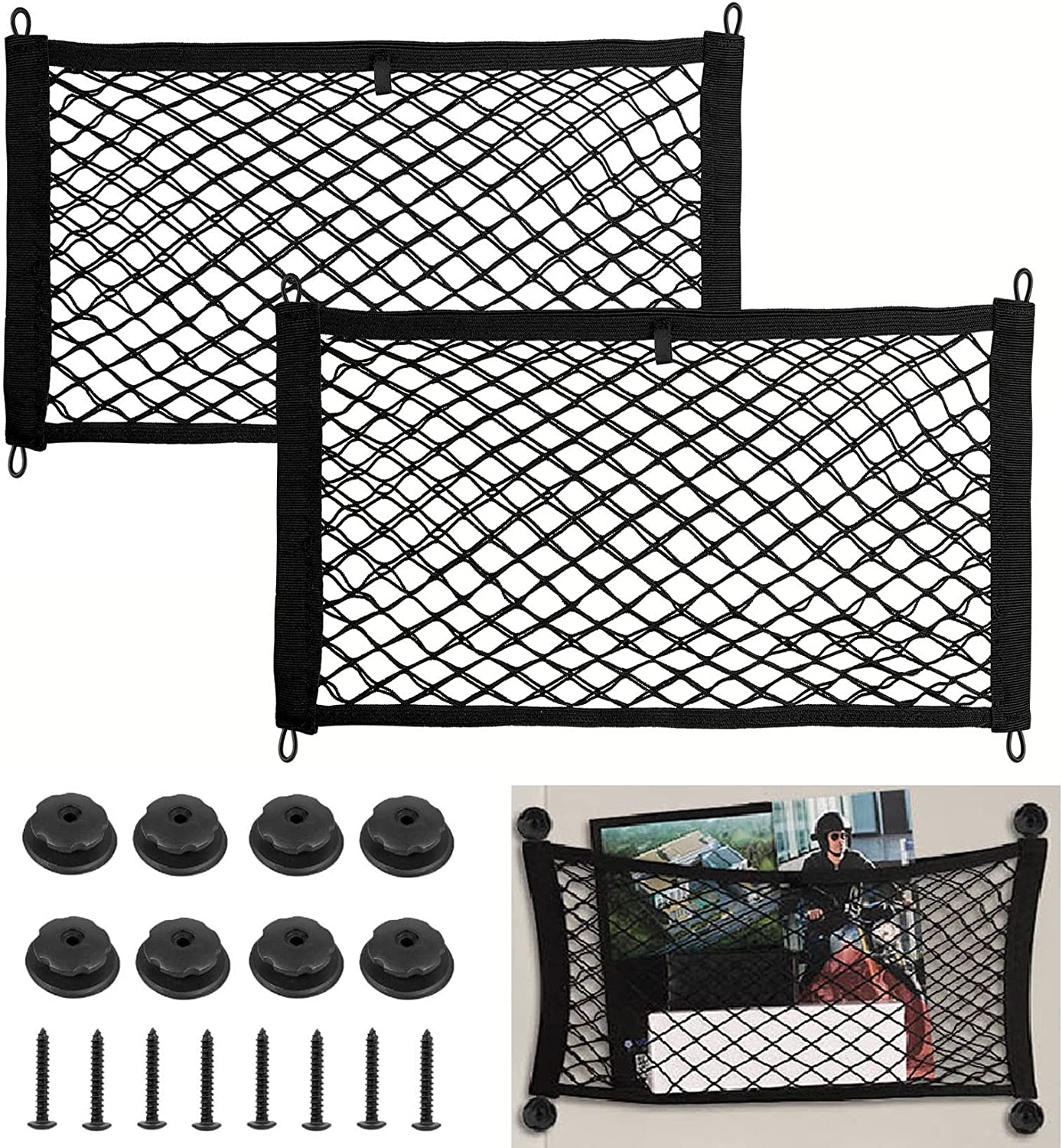 2 PCS Small Cargo Nets Camper Storage Pocket Mesh Net Elastic Stretchable Trunk Cargo Netting Compatible with SUV Cars RV Campers Boats Automotive