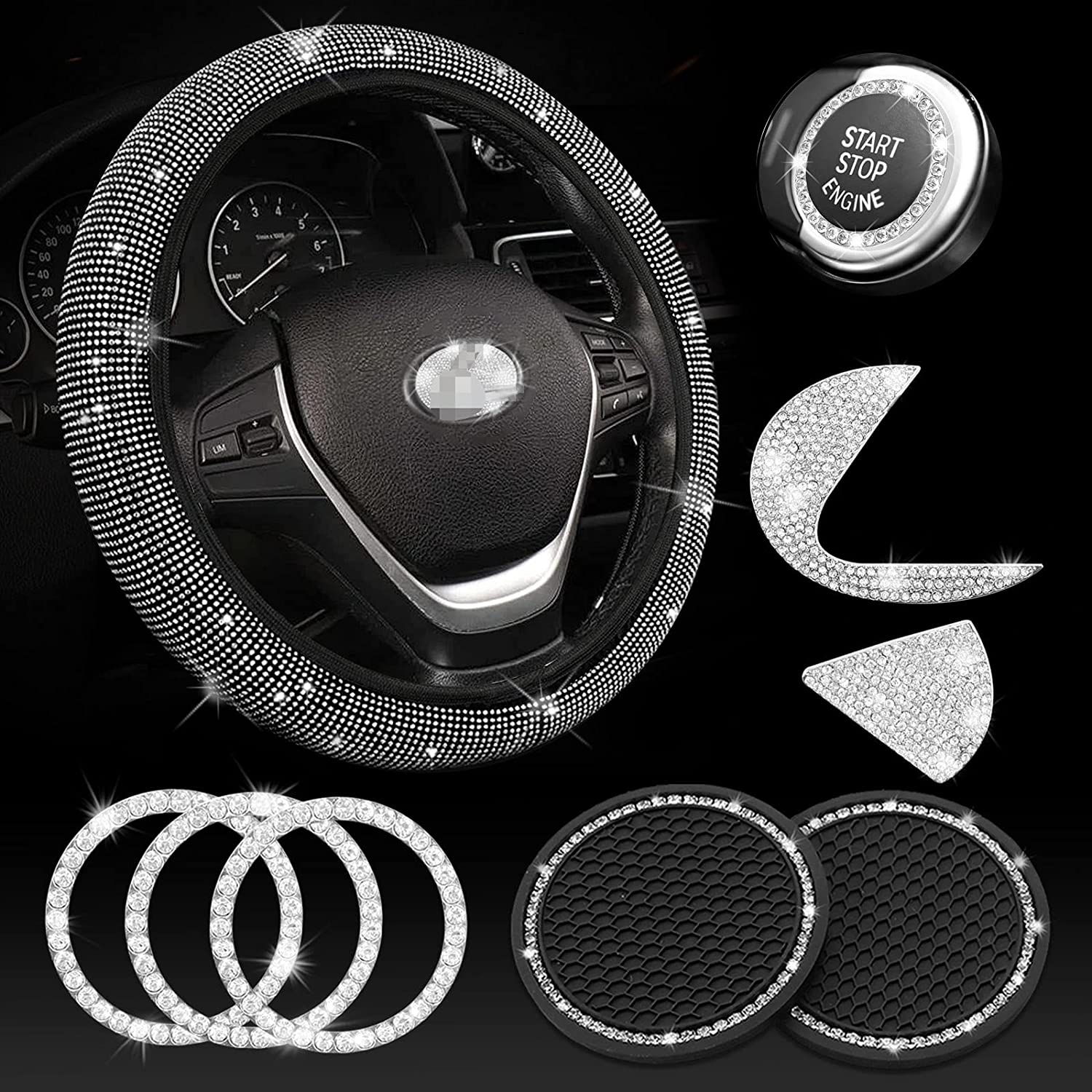 Steering Wheel Cover for Women Bling Crystal Diamond Sparkling Car Accessories Fit for Lexus ES RX LS is CT LX GS LC RC GS-F RC-F Rhinestone Decals Steering Wheel Cover Universal Fit 15 Inch - Delicate Leather