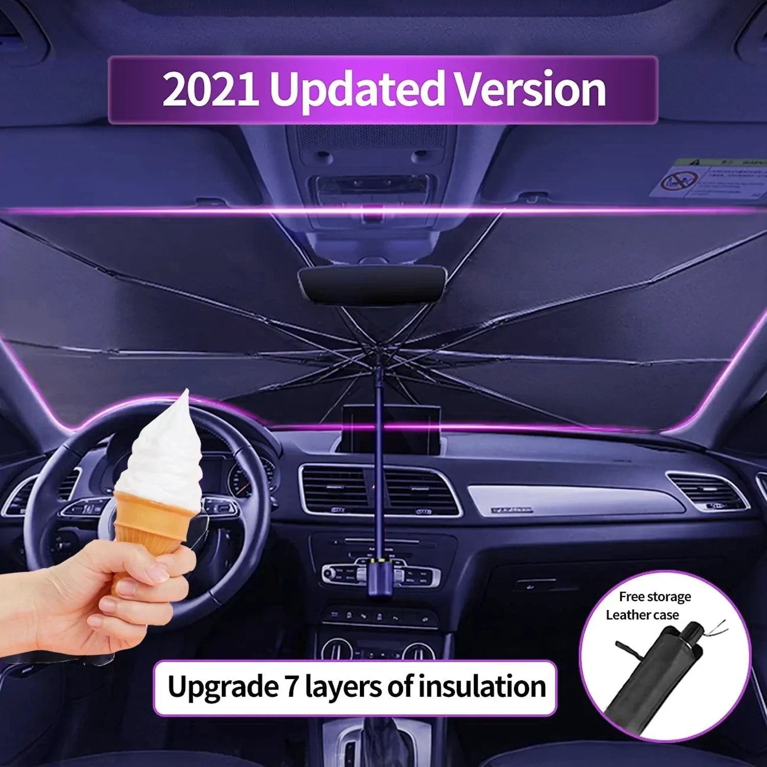 Custom Text and Logo Car Windshield Sunshade, Fit with all car, UV Rays and Heat Sun Visor Protector Foldable Sun Shade Umbrella (Updated Version) - Delicate Leather