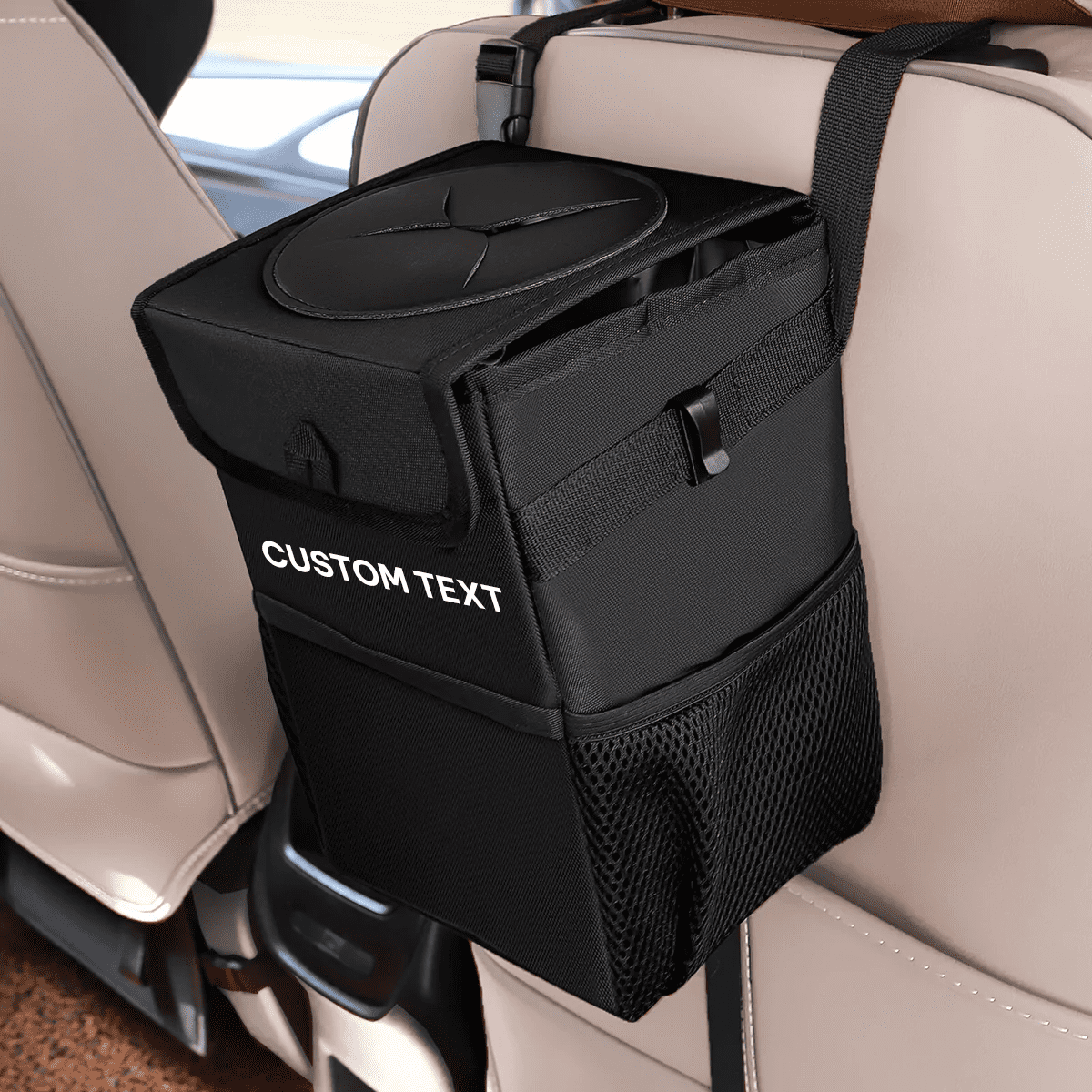 Custom Text and Logo Waterproof Car Trash Can with Lid and Storage Pockets, Fit with all car, 100% Leak-Proof Car Organizer, Waterproof Car Garbage Can, Multipurpose Trash Bin for Car - Delicate Leather