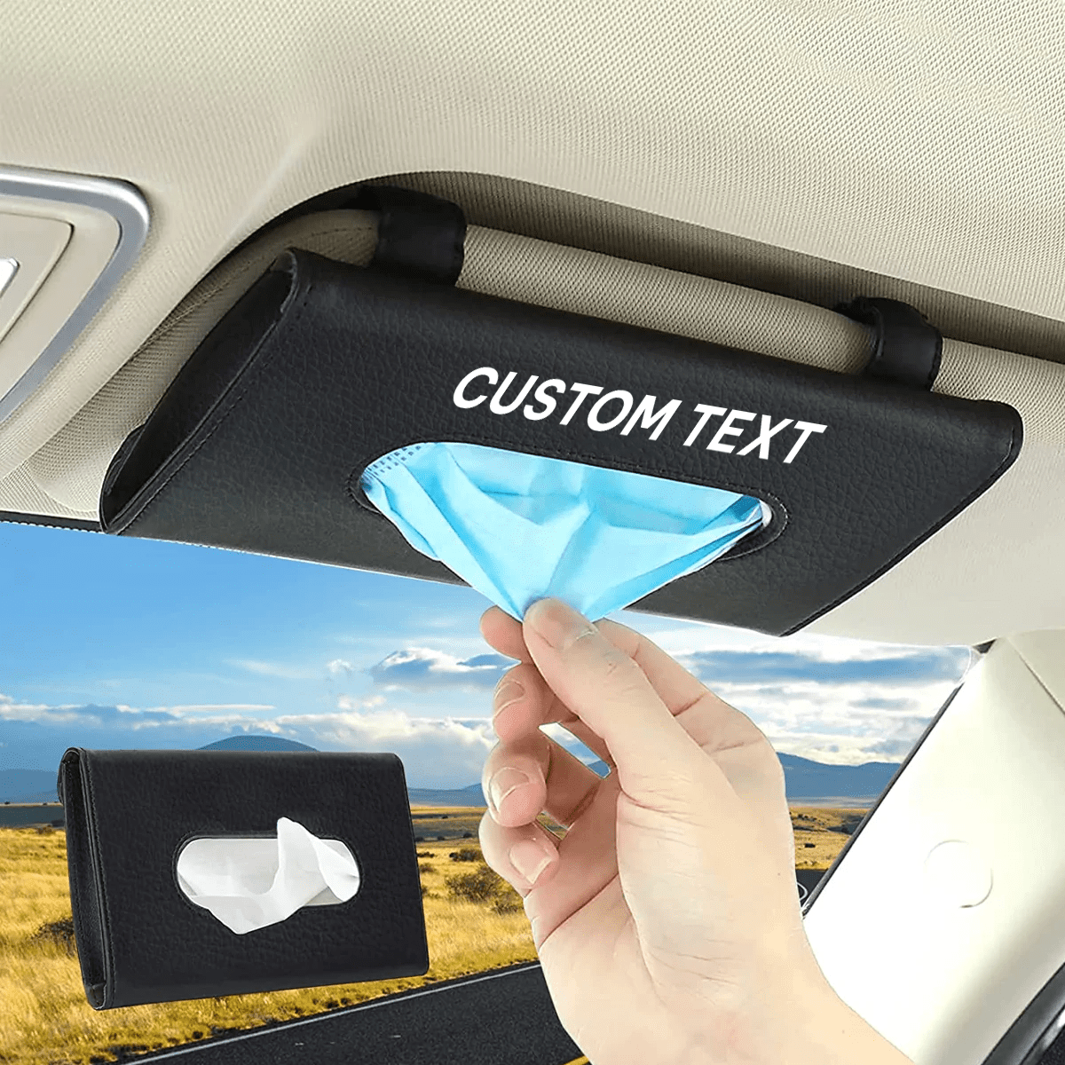 Custom Text and Logo Car Tissue Holder, Fit with all car, Car Visor Tissue Holder, Sun Visor Mask Box, Car Tuning Accessories - Delicate Leather