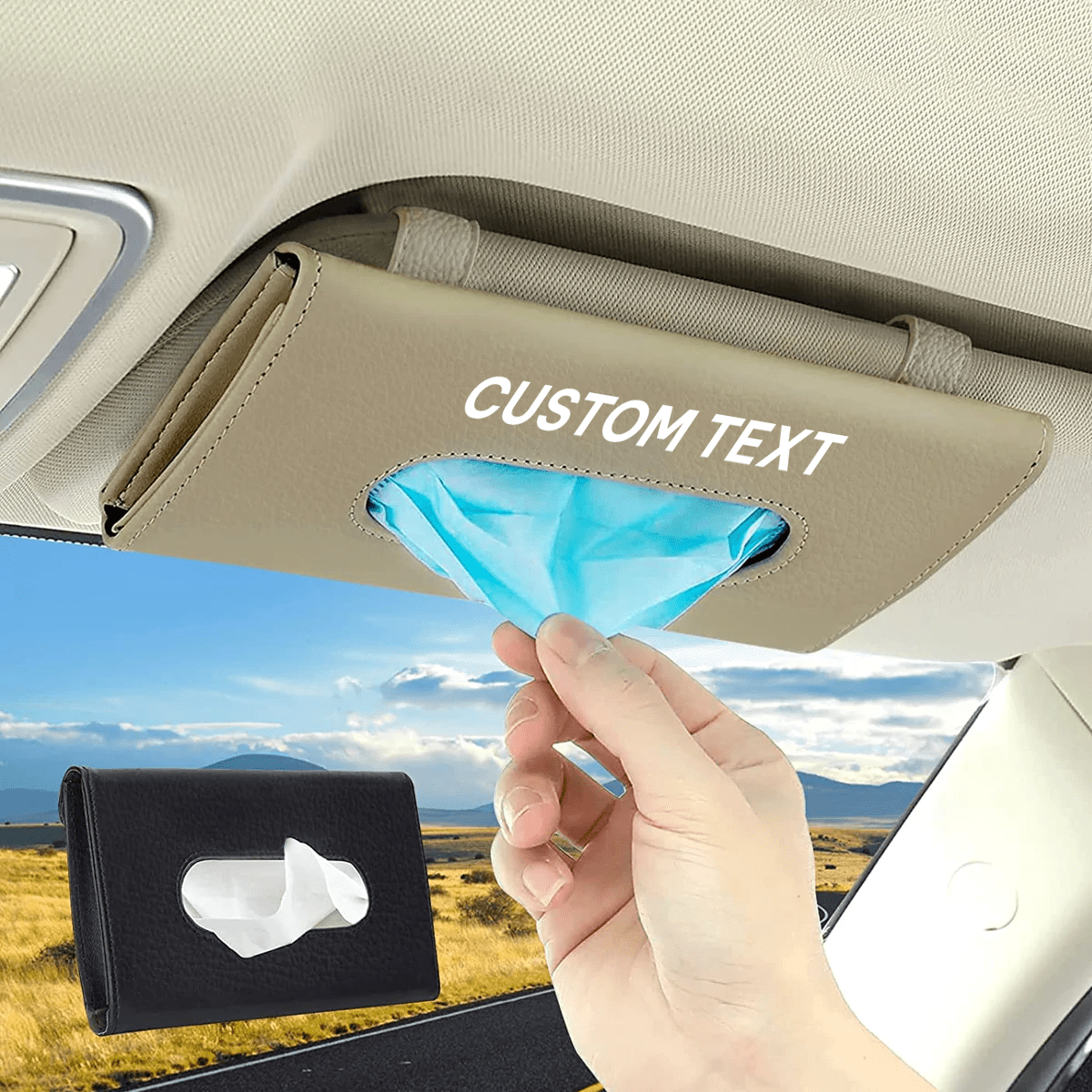 Custom Text and Logo Car Tissue Holder, Fit with all car, Car Visor Tissue Holder, Sun Visor Mask Box, Car Tuning Accessories - Delicate Leather