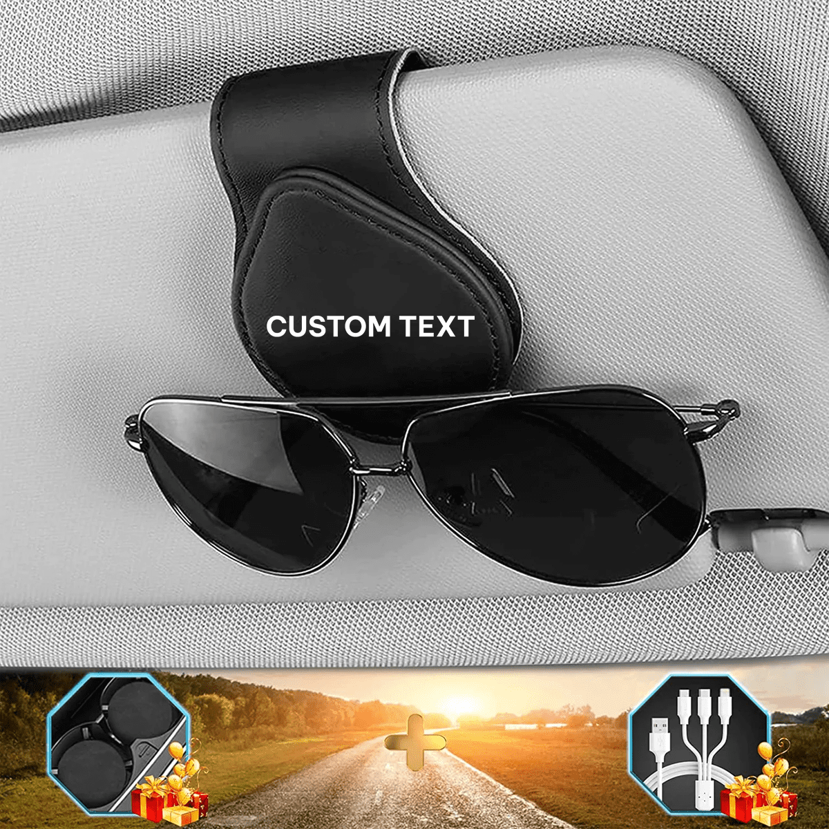 Custom Text and Logo Sunglasses Holder for Car Visor Clips, Fit with all car, Leather Magnet Adsorption Visor Accessories Car Organizer for Storing Glasses Tickets Eyeglasses Hanger - Delicate Leather