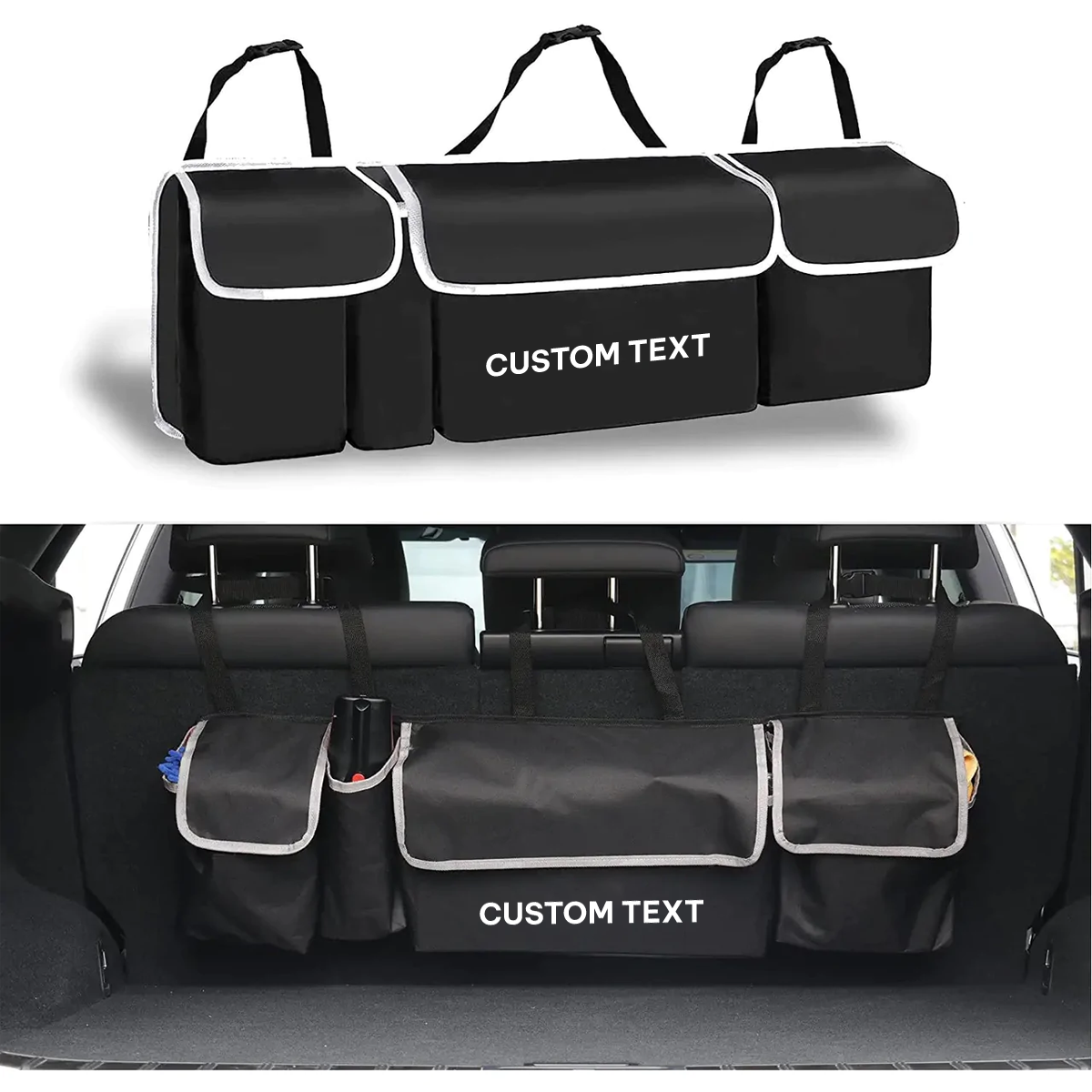 Custom Text and Logo Car Trunk Hanging Organizer, Fit with all car, Thick Backseat Trunk Storage Bag with 4 Pockets and 3 Adjustable Shoulder Straps, Foldable Car Trunk Interior Accessories Releases Your Trunk Space