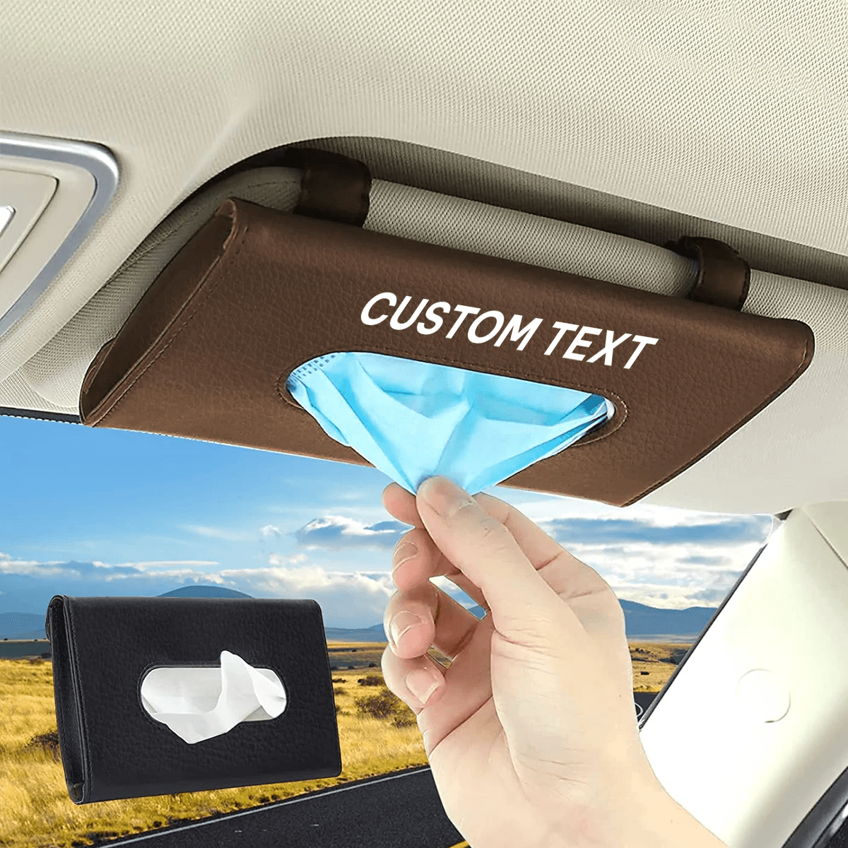 Custom Text and Logo Car Tissue Holder, Fit with All car, Car Visor Tissue Holder, Sun Visor Mask Box, Car Tuning Accessories - Delicate Leather