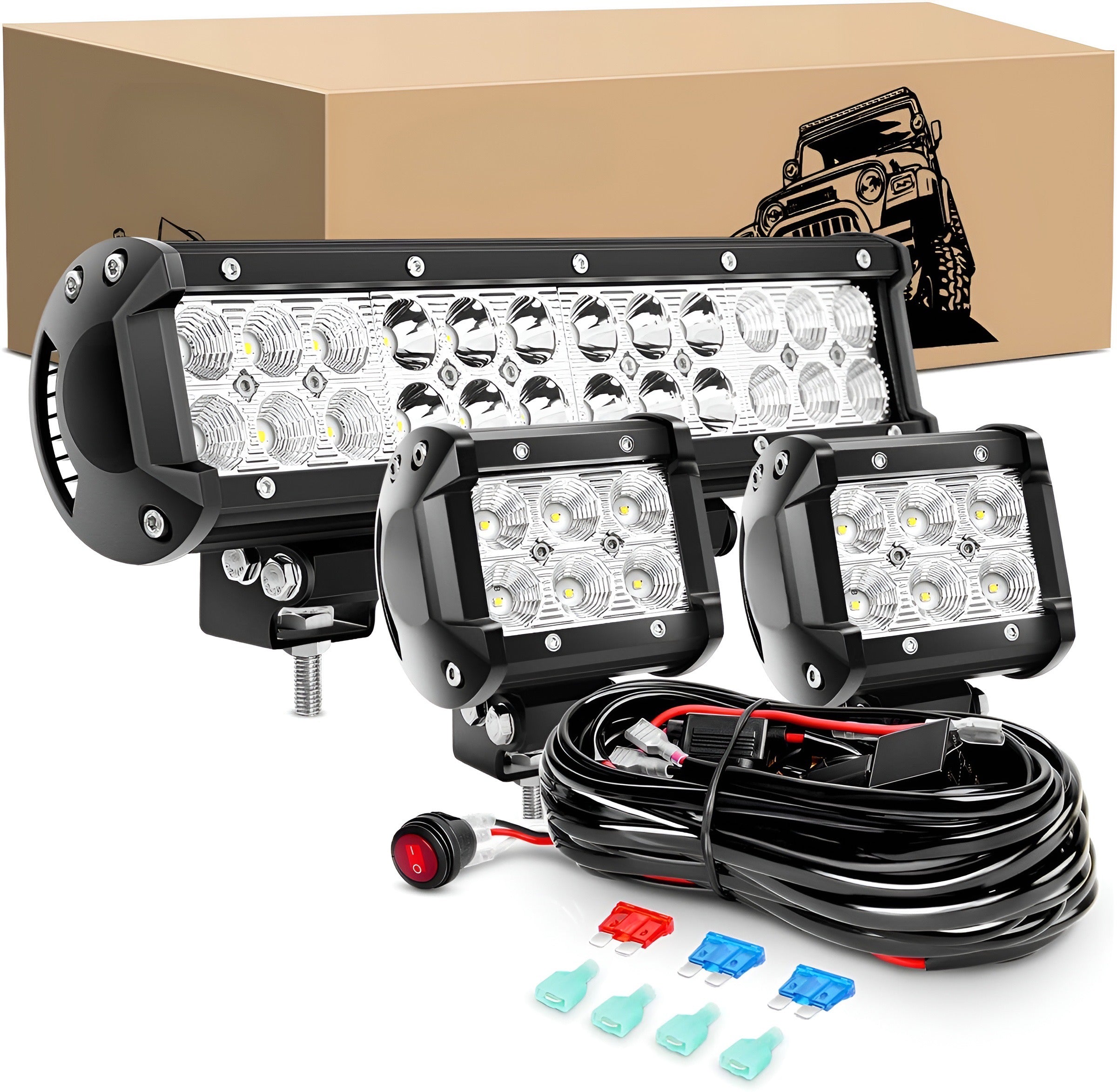 ZH016 12 Inch 72W Spot Combo Bar 2PCS 4 Inch 18W Flood LED Fog Lights with Off Road Wiring Harness- 2 Leads, 2 Years Warranty , White - Delicate Leather