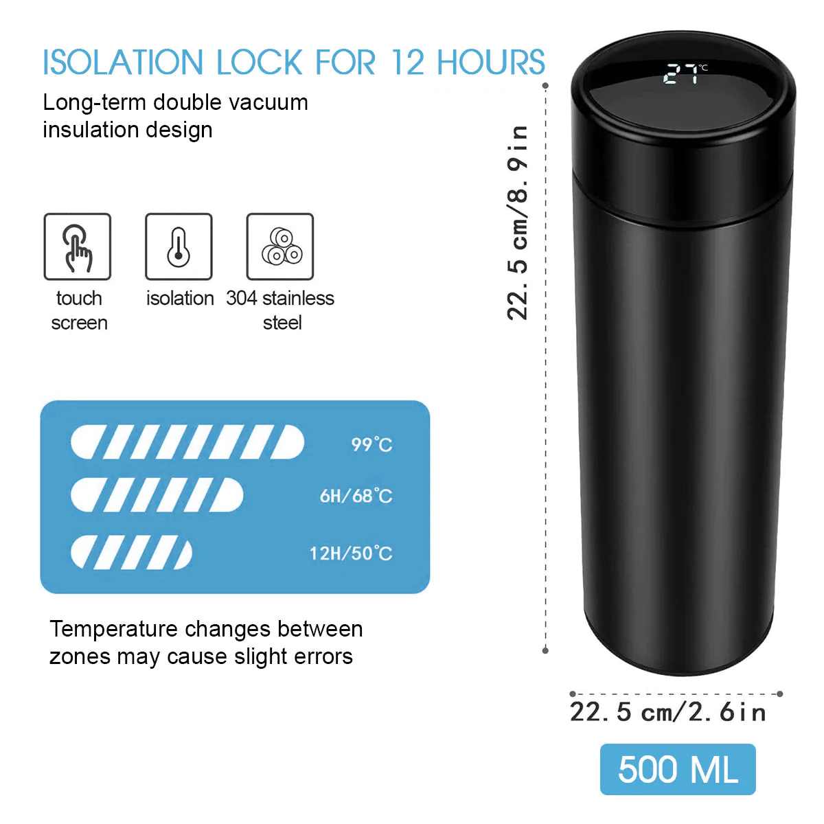 Custom Text and Logo 17oz Insulated Water Bottle with LED Temperature Display, Compatible with all car, Coffee Tea Infuser Bottle Double Wall Vacuum Insulated Water Bottle for Hot or Cold Drink - Delicate Leather