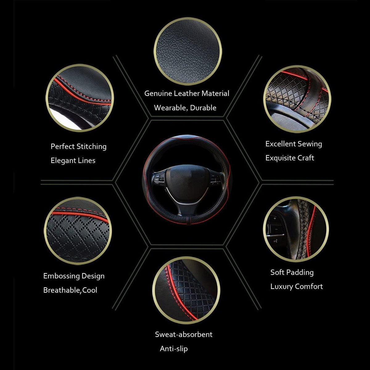 Car Steering Wheel Cover, Custom For Your Cars, Anti-Slip, Safety, Soft, Breathable, Heavy Duty, Thick, Full Surround, Sports Style, Car Accessories PF18990