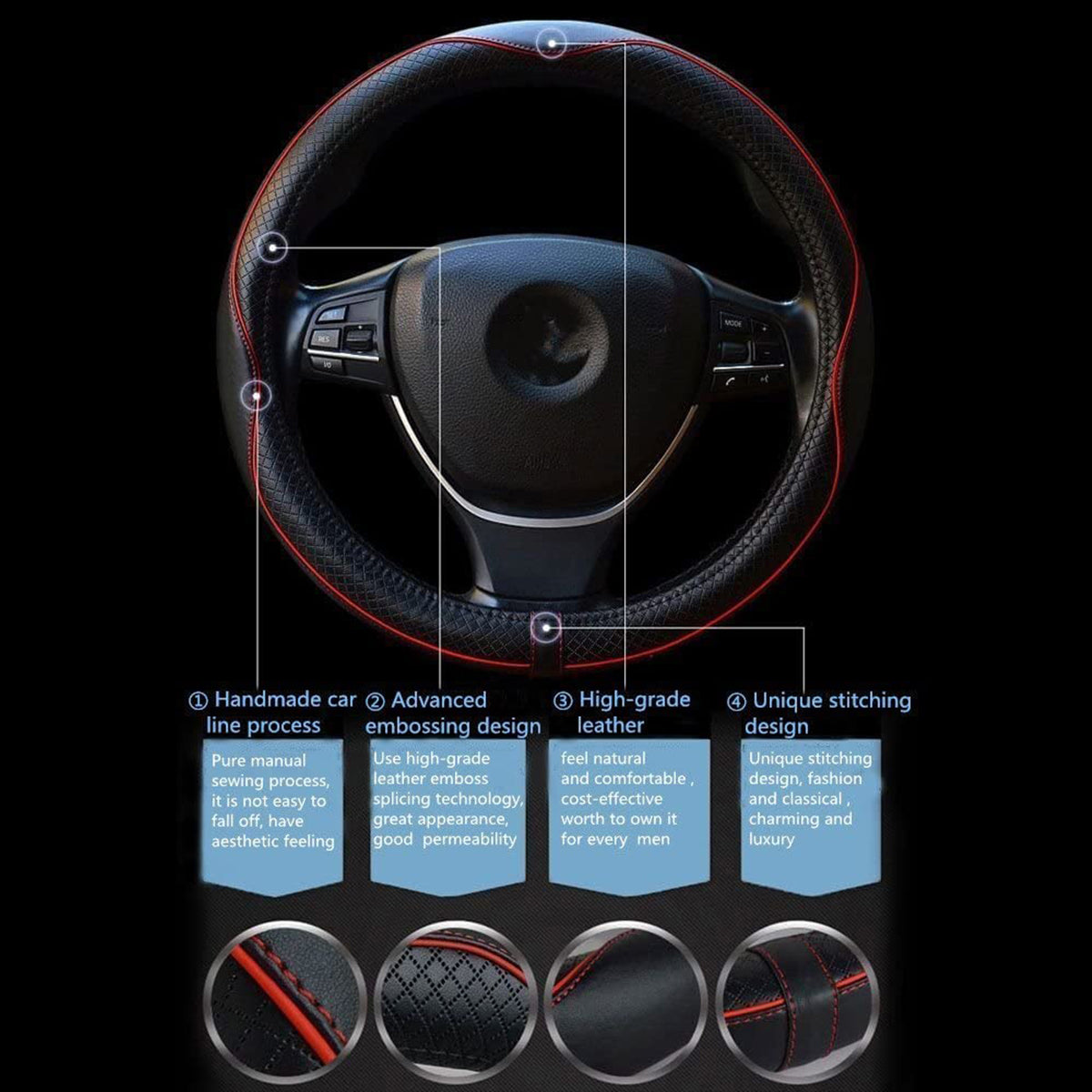 Leather Car Steering Wheel Cover Breathable Anti-slip Black Blue Car  Accessories 