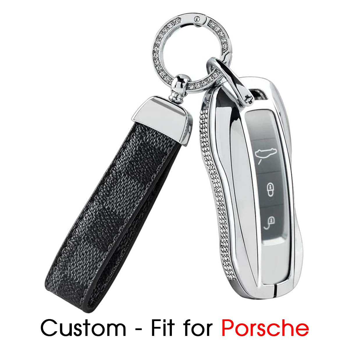 Accessories Compatible with Porsche Key Fob Cover Bling Smart Remote Key Shell Case Protective Custom Fit Porsche 911 Cayenne Taycan Panamera Crystal Zinc Alloy Silver 1 PC - Delicate Leather