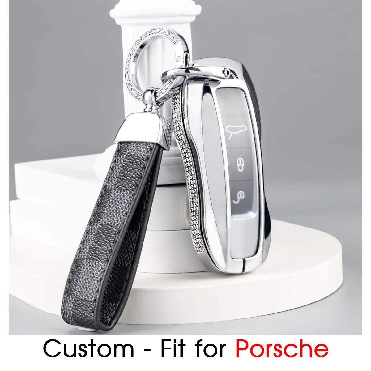 Accessories Compatible with Porsche Key Fob Cover Bling Smart Remote Key Shell Case Protective Custom Fit Porsche 911 Cayenne Taycan Panamera Crystal Zinc Alloy Silver 1 PC - Delicate Leather