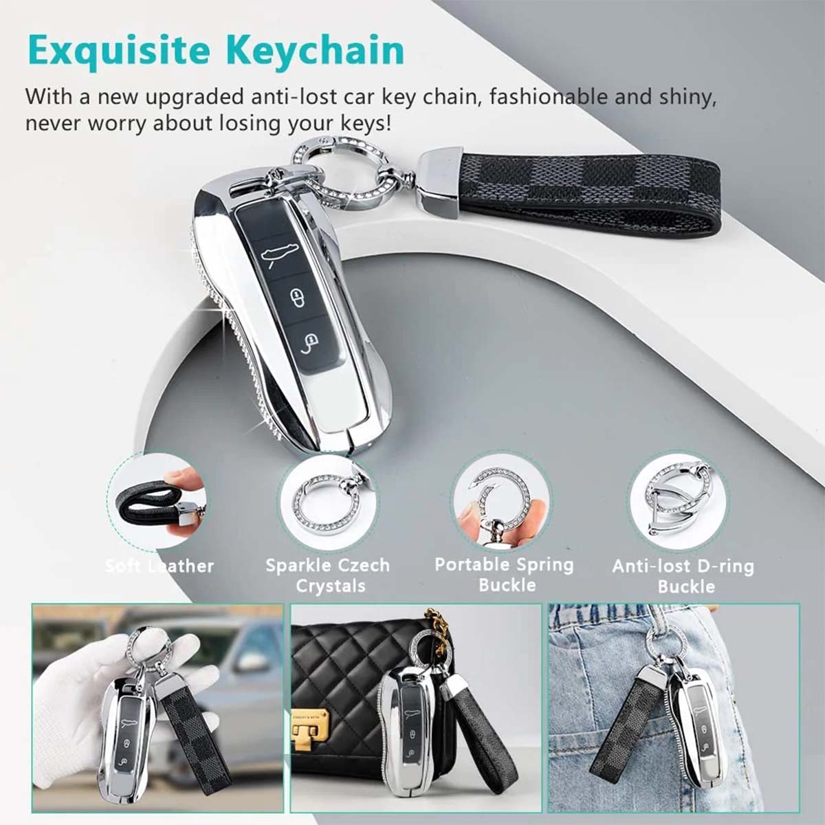 Accessories Compatible with Porsche Key Fob Cover Bling Smart Remote Key Shell Case Protective Custom Fit Porsche 911 Cayenne Taycan Panamera Crystal Zinc Alloy Silver 1 PC - Delicate Leather