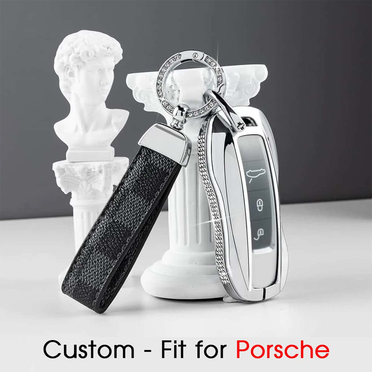 Accessories Compatible with Porsche Key Fob Cover Bling Smart Remote Key Shell Case Protective Custom Fit Porsche 911 Cayenne Taycan Panamera Crystal Zinc Alloy Silver 1 PC - Delicate Leather