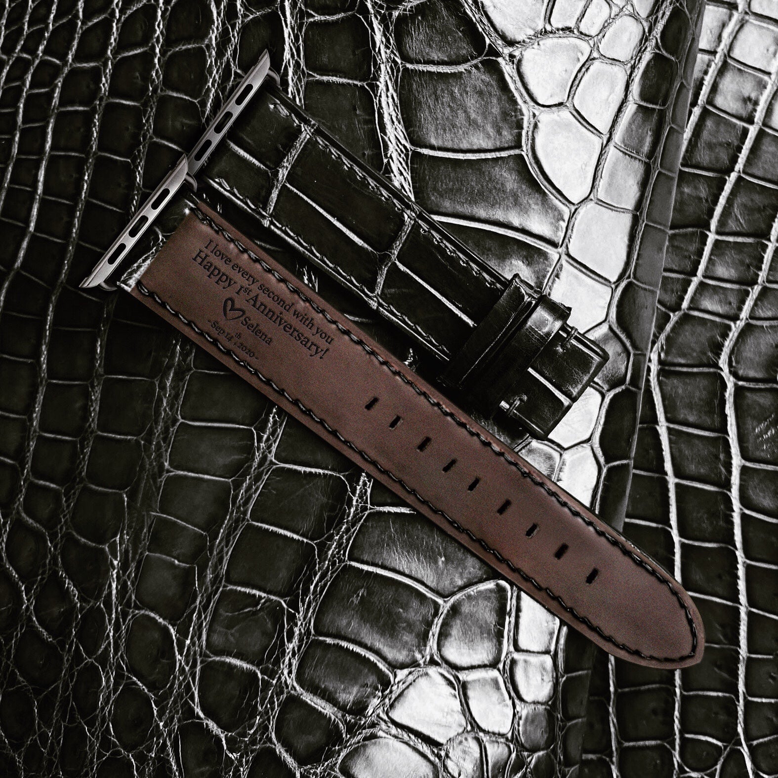 Custom Name And Date Compatible With Apple Strap Leather | Crocodile Leather