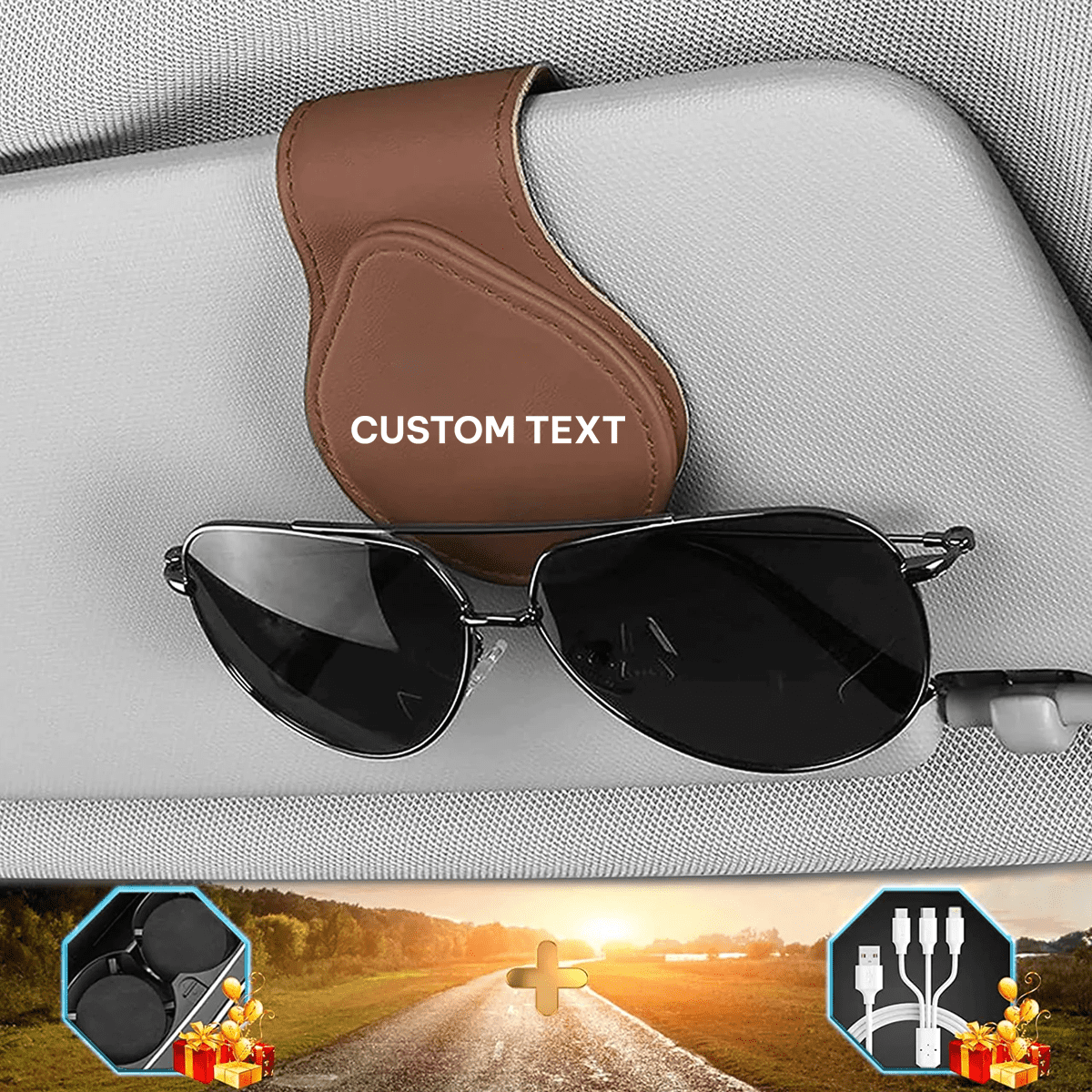 Custom Text and Logo Sunglasses Holder for Car Visor Clips, Fit with all car, Leather Magnet Adsorption Visor Accessories Car Organizer for Storing Glasses Tickets Eyeglasses Hanger - Delicate Leather
