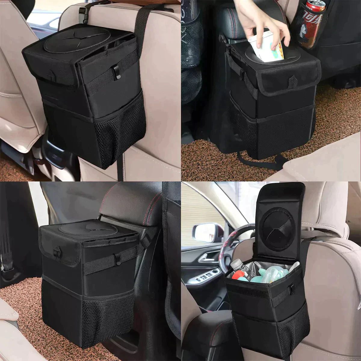 Custom Text and Logo Waterproof Car Trash Can with Lid and Storage Pockets, Fit with all car, 100% Leak-Proof Car Organizer, Waterproof Car Garbage Can, Multipurpose Trash Bin for Car - Delicate Leather