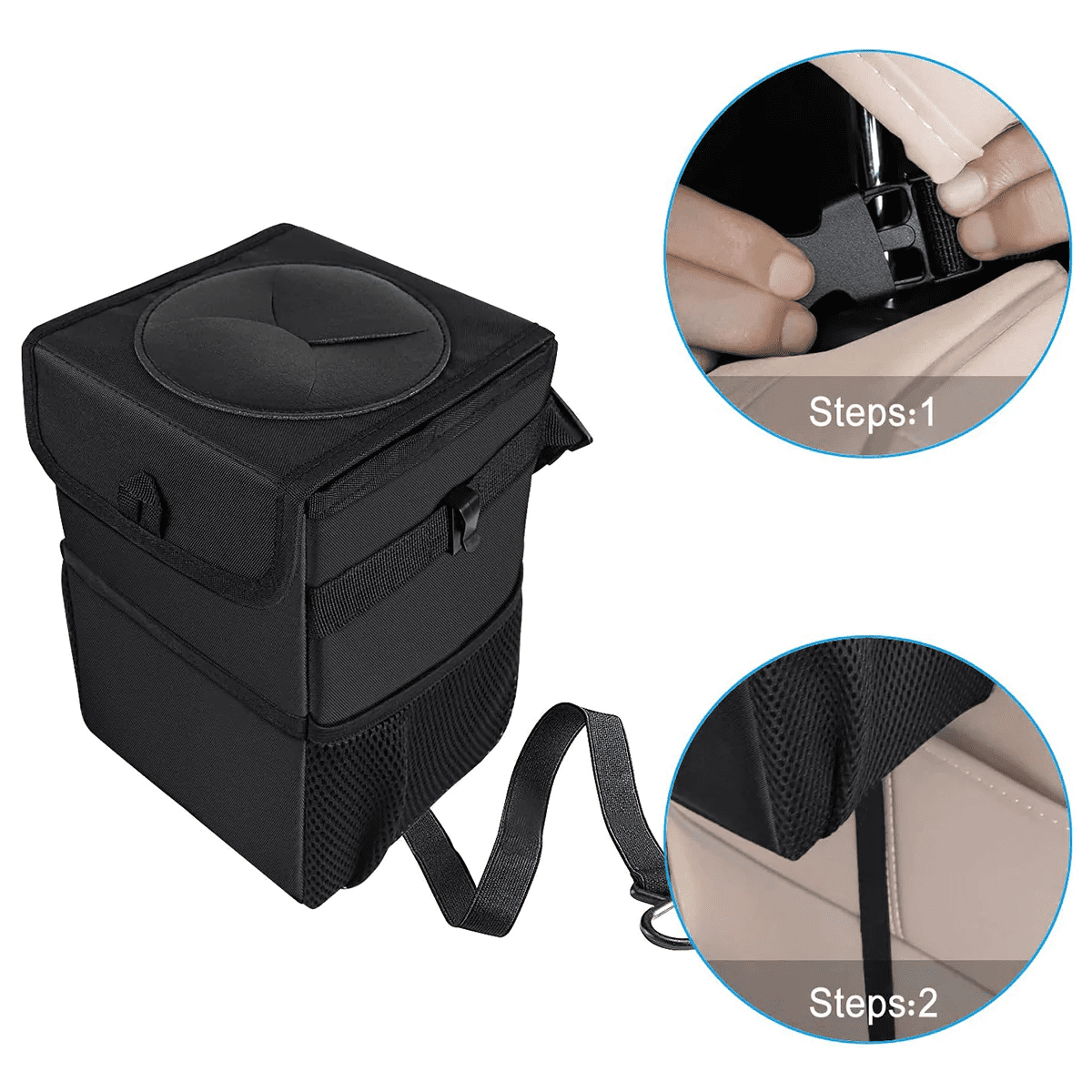 Custom Text and Logo Waterproof Car Trash Can with Lid and Storage Pockets, Fit with All car, 100% Leak-Proof Car Organizer, Waterproof Car Garbage Can, Multipurpose Trash Bin for Car - Delicate Leather