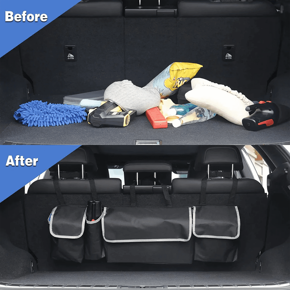 Custom Text and Logo Car Trunk Hanging Organizer, Fit with all car, Thick Backseat Trunk Storage Bag with 4 Pockets and 3 Adjustable Shoulder Straps, Foldable Car Trunk Interior Accessories Releases Your Trunk Space