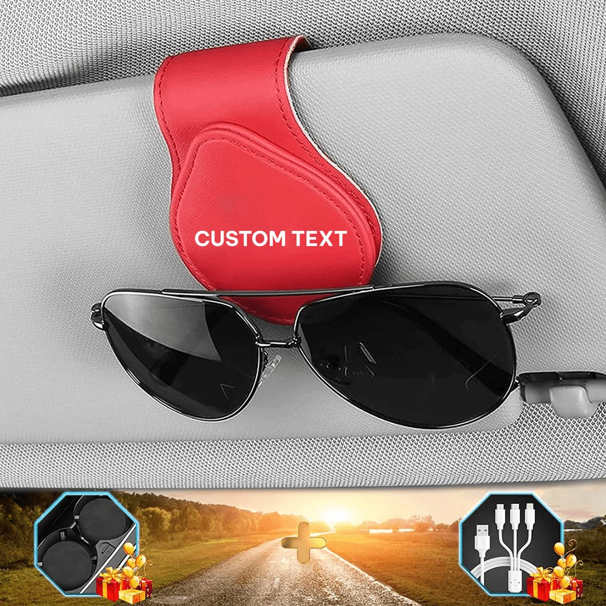 Custom Text and Logo Sunglasses Holder for Car Visor Clips, Fit with all car, Leather Magnet Adsorption Visor Accessories Car Organizer for Storing Glasses Tickets Eyeglasses Hanger - Delicate Leather